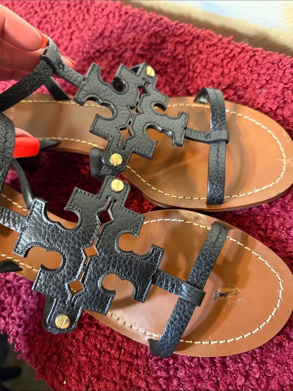 Tory Burch Black Leather T-Strap Phoebe Logo sandal Block Heel Sandals size 10